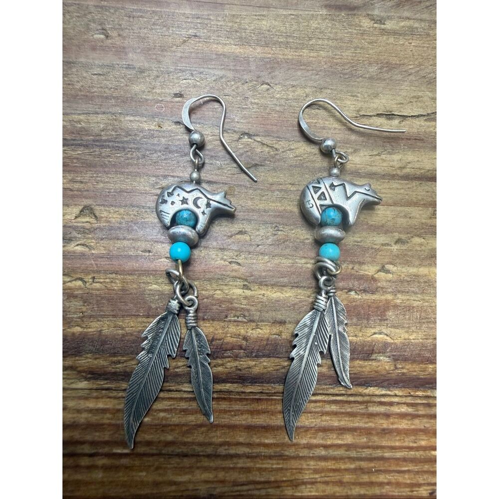 Shube's Dakota West Sterling Silver 925 Bear Turquoise Dangle Feather Earrings
